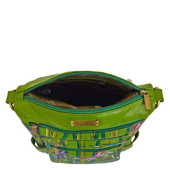 Hand-Painted Leather Women Green Multi-Compartment Crossbody Sling Bag - Picture 5 of 8